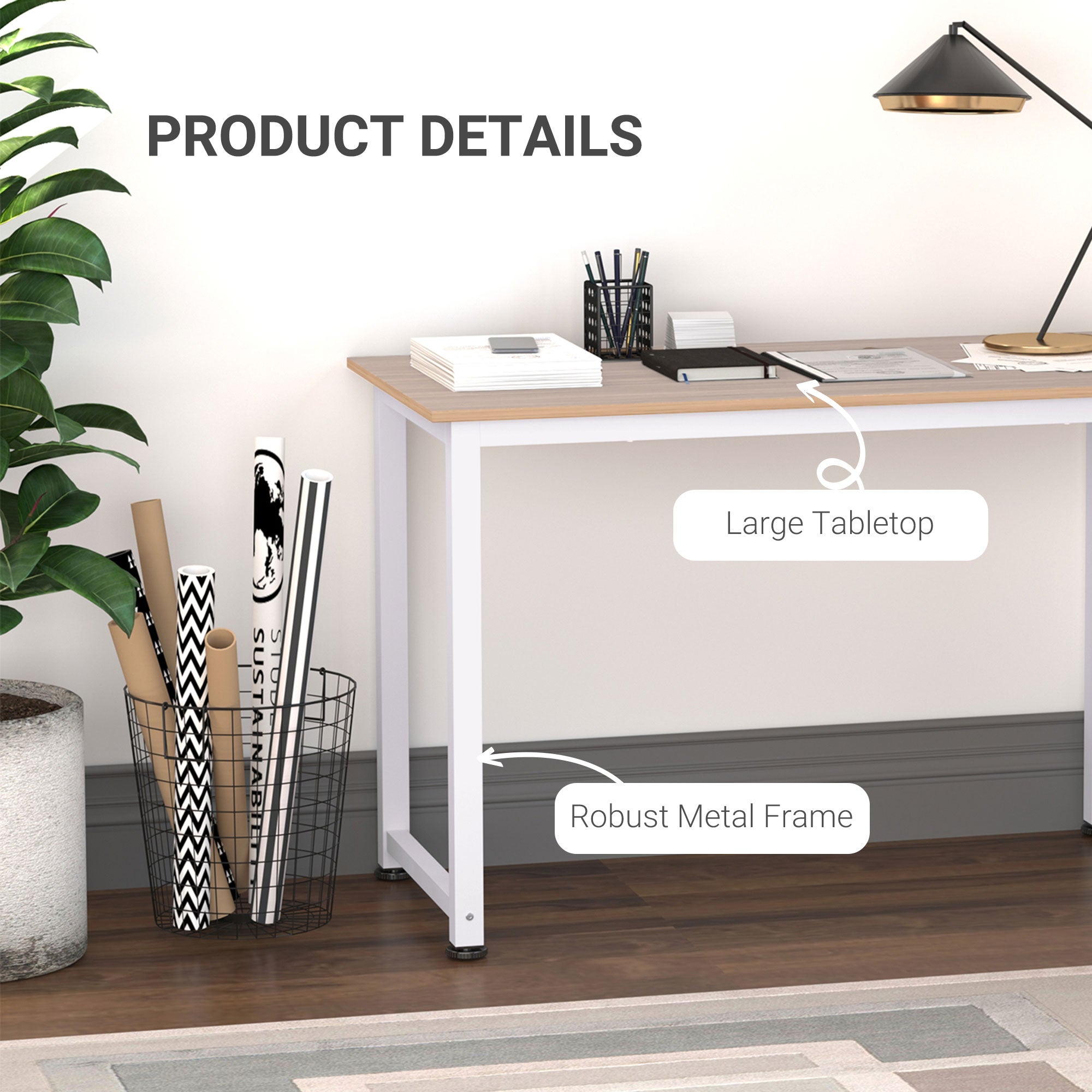 HOMCOM Computer Desk, Writing Table, 120 x 60 x 76cm Workstation for Home Office, Study with Metal Frame, Simple Assembly, White 
