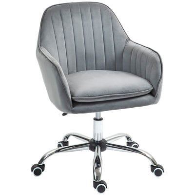 HOMCOM Office Chair, Swivel Desk Chair, Velvet-Feel Fabric Vanity Chair with Adjustable Height and Rolling Wheels for Home Work Study, Grey 