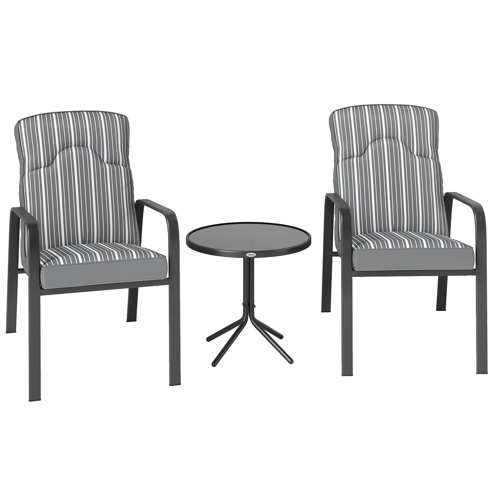 Outsunny 3-Piece Patio Bistro Set, 5-Position Adjustable Recliner Garden Chairs and Tempered Glass Table, Garden Furniture Set with Cushions, High Back, Armrests, Metal Frame for Balcony Patio, Grey