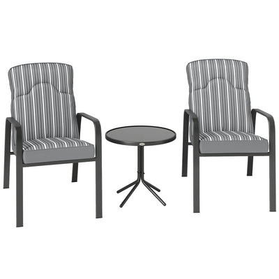 Outsunny 3-Piece Patio Bistro Set, 5-Position Adjustable Recliner Garden Chairs and Tempered Glass Table, Garden Furniture Set with Cushions, High Back, Armrests, Metal Frame for Balcony Patio, Grey 