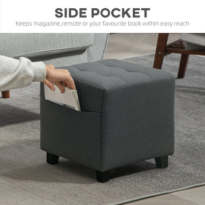 HOMCOM Square Footstool, Small Ottoman with Side Pocket, Linen Fabric Footrest Foot Stool with Rubber Wood Legs and Padded Seat for Living Room, Bedroom, Entryway, 35 x 35 x 35cm, Grey 