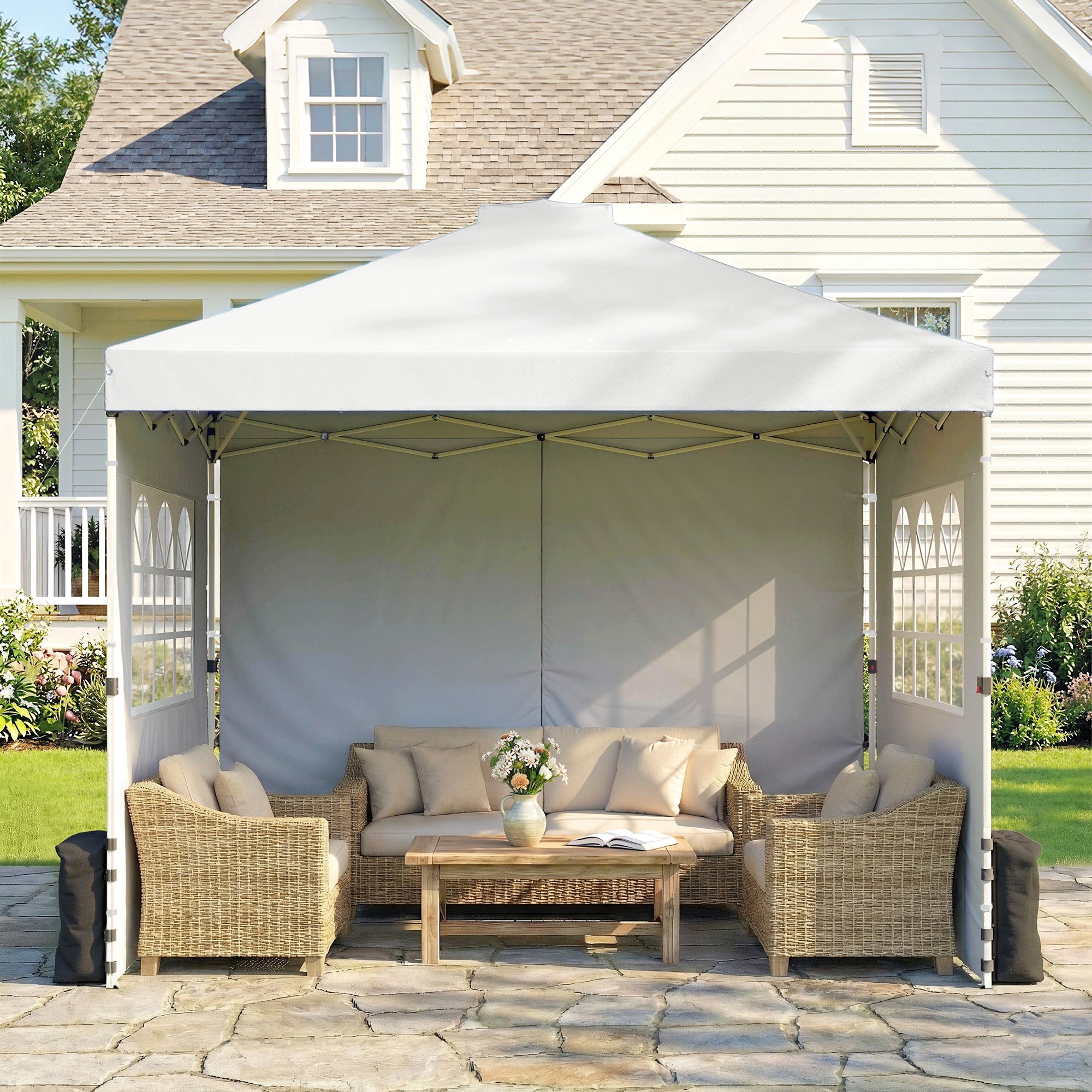 Outsunny Pop Up Gazebo Waterproof Height Adjustable Canopy with 3 Sidewalls Wheeled Bag for Parties 3 x 3 m White 
