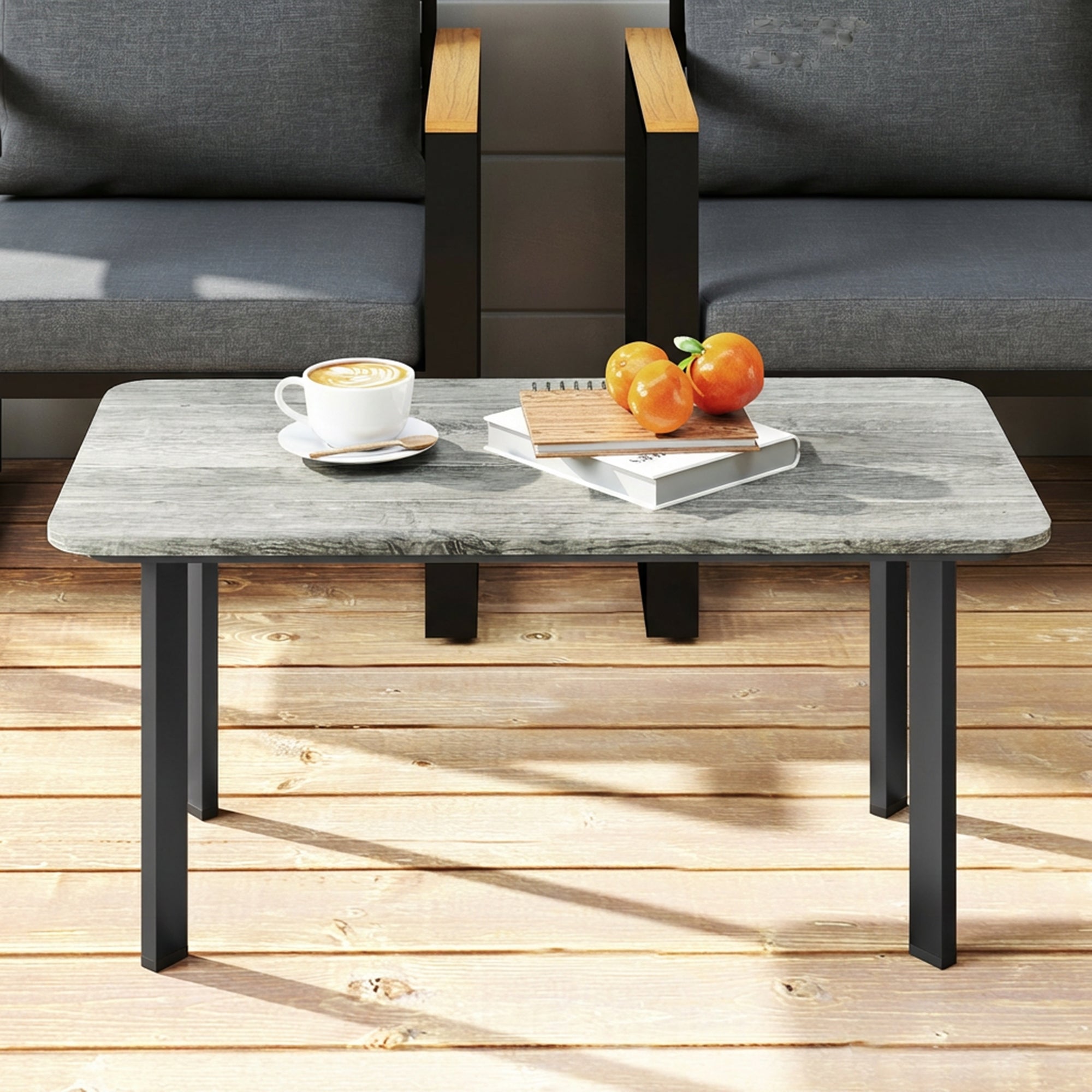 Outsunny Outdoor Garden Coffee Table, Garden Table with Slatted Wood Plastic Composite Top and Metal Frame, Grey 