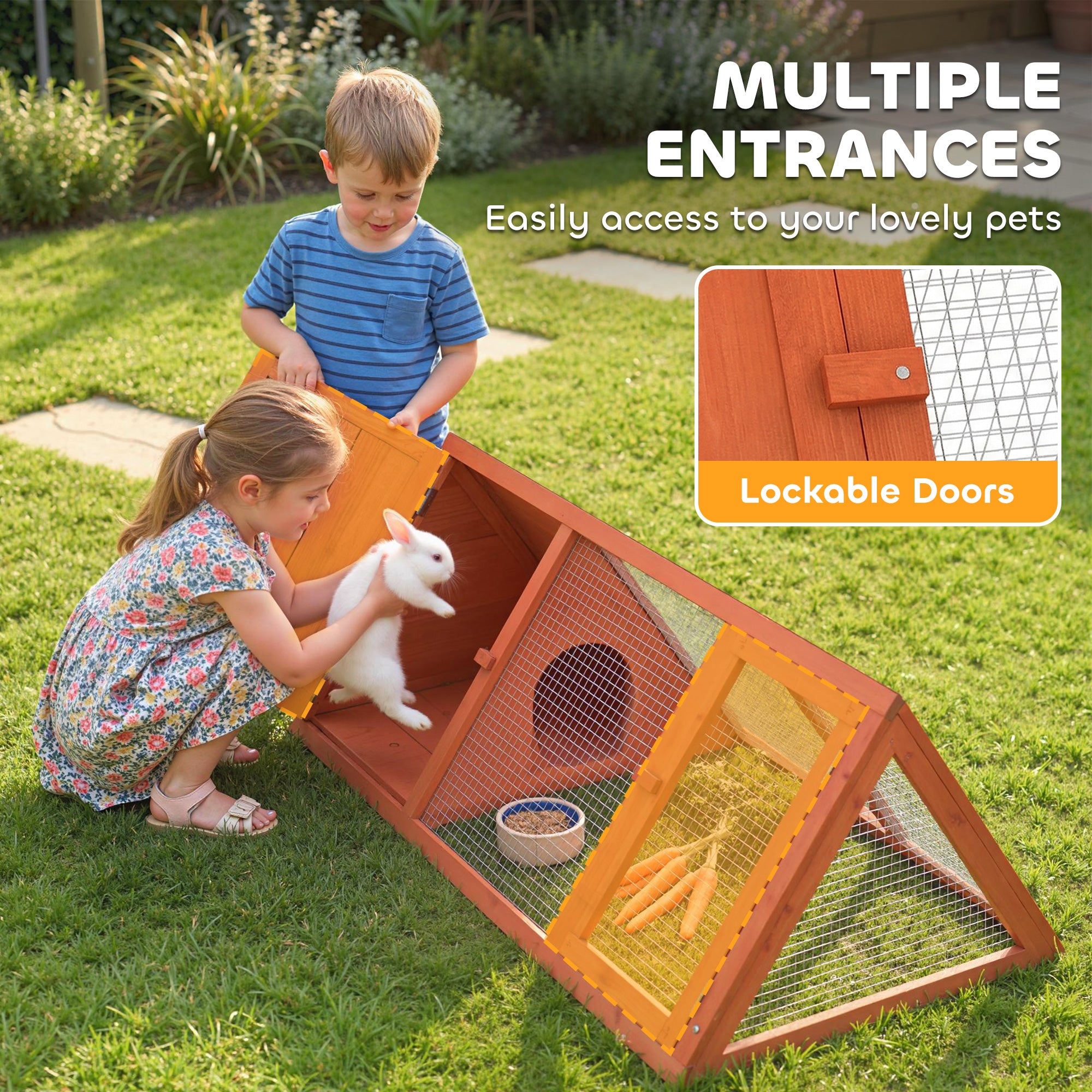 PawHut Rabbit Hutch, Wooden Guinea Pig Hutch with Run and Doors, Outdoor Triangle Bunny House for Rabbits,Duck and Chicken 