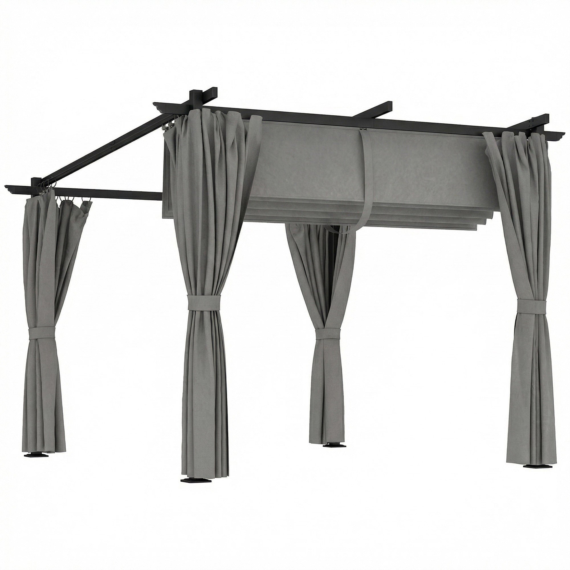 Outsunny 3 x 3 m Retractable Roof Pergola, with Curtains - Light Grey 