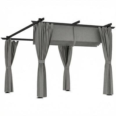 Outsunny 3 x 3 m Retractable Roof Pergola, with Curtains - Light Grey 
