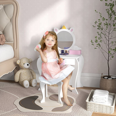 ZONEKIZ Unicorn-Design Kids Dressing Table, with Mirror and Stool - White 
