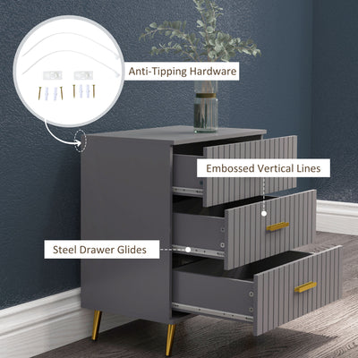 HOMCOM Three Drawer Embossed Line Dresser - Grey/Gold Tone 