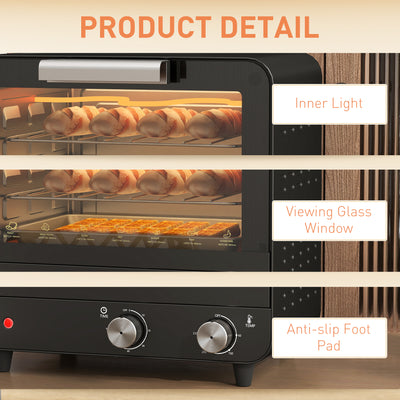 HOMCOM Small Toaster Oven, 12L Multifunction Mini Countertop Oven with Glass Door, Adjustable Temperature and Timer, Black 