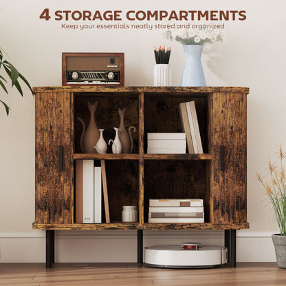 HOMCOM Mid-Century Modern Sideboard Storage Cabinet with Slatted Tambour Sliding Doors, Kitchen Cabinet with Steel Legs, Rustic Brown