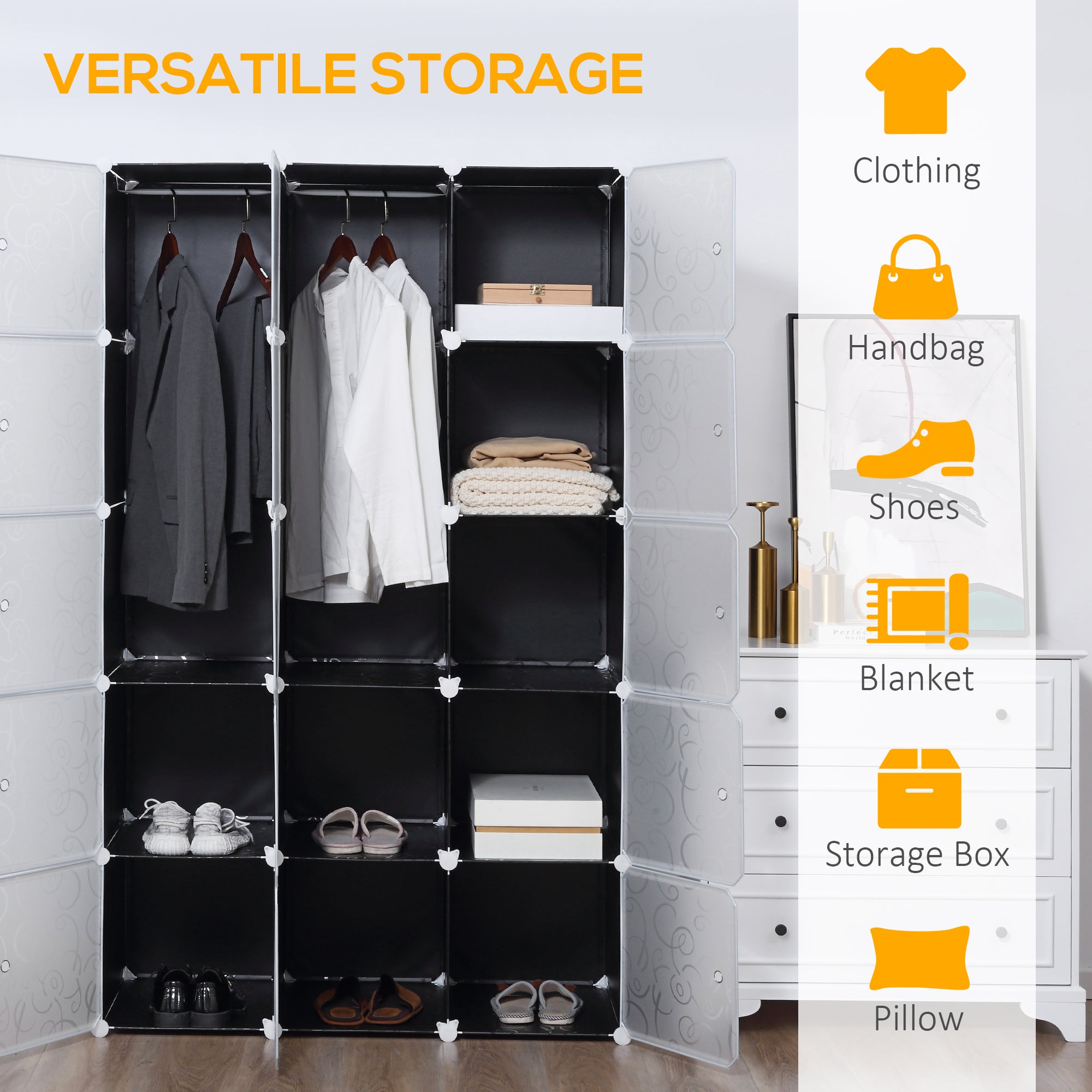 HOMCOM Portable Wardrobe for Bedroom, 15 Cube Closet with Hanging Rail, Modular Storage Cabinet, Plastic Armoire for Space Saving, White and Black 