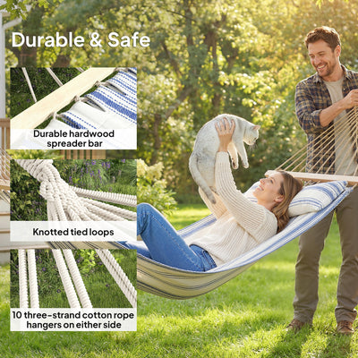 Outsunny Cotton Hammock, Soft Portable Swing Sleeping w/ Headrest & Side Pocket, Blue and White 