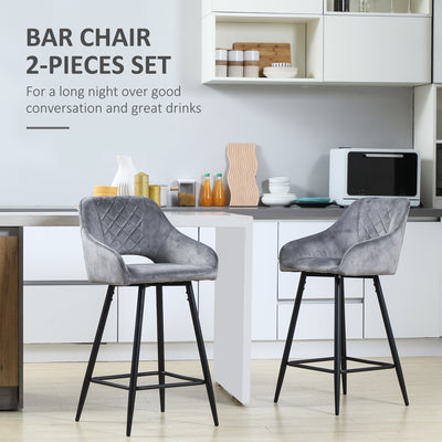 HOMCOM Bar Stools Set of 2, Velvet-Touch Fabric Counter Height Bar Chairs, Kitchen Stools with Steel Legs for Dining Area, Kitchen Island Barstools, Grey 