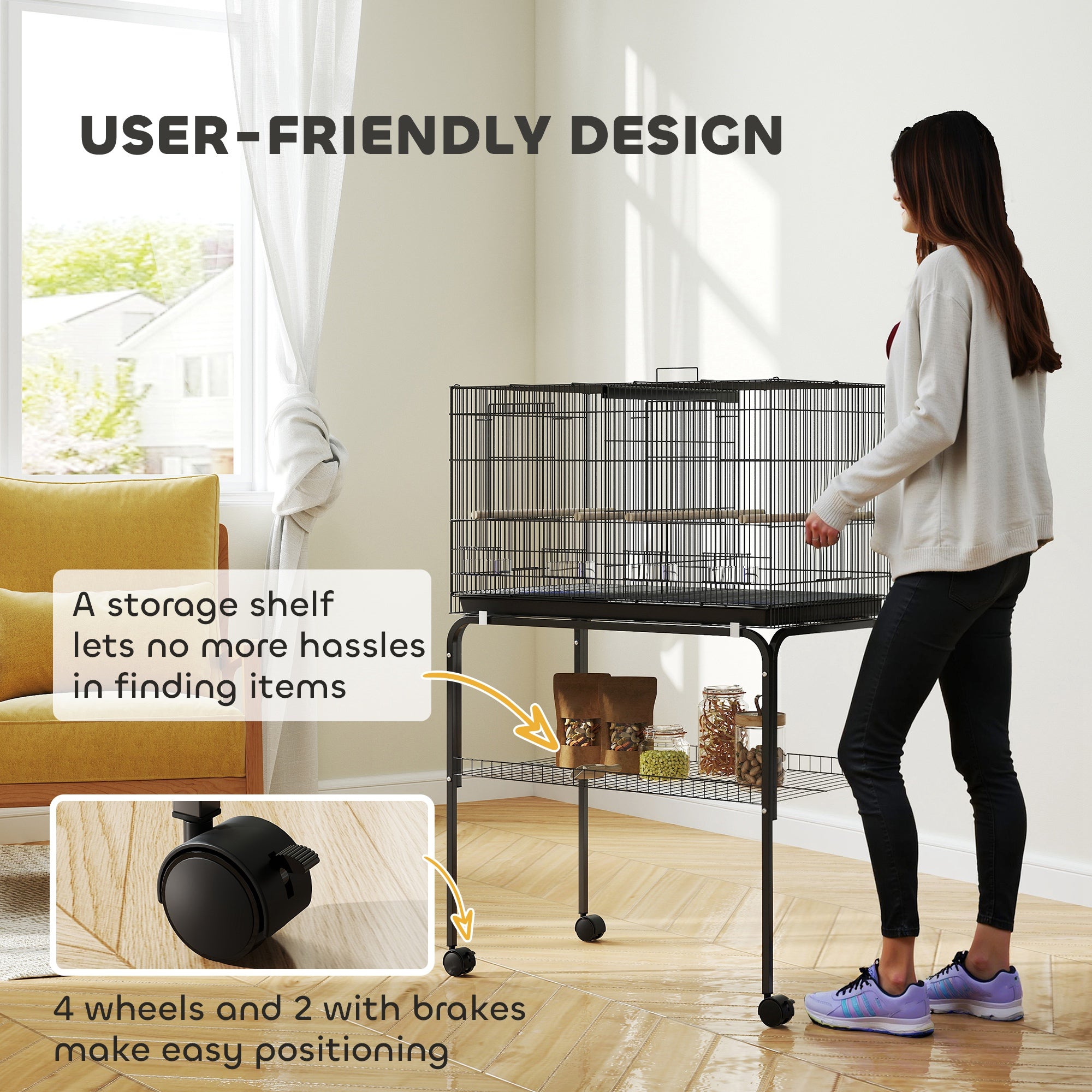 PawHut Bird Cage with Divider, 4 Wooden Perches, Slide Out Tray, 4 Feeders, for Budgie, Lovebird, Canary, 76 x 46 x 116cm Black