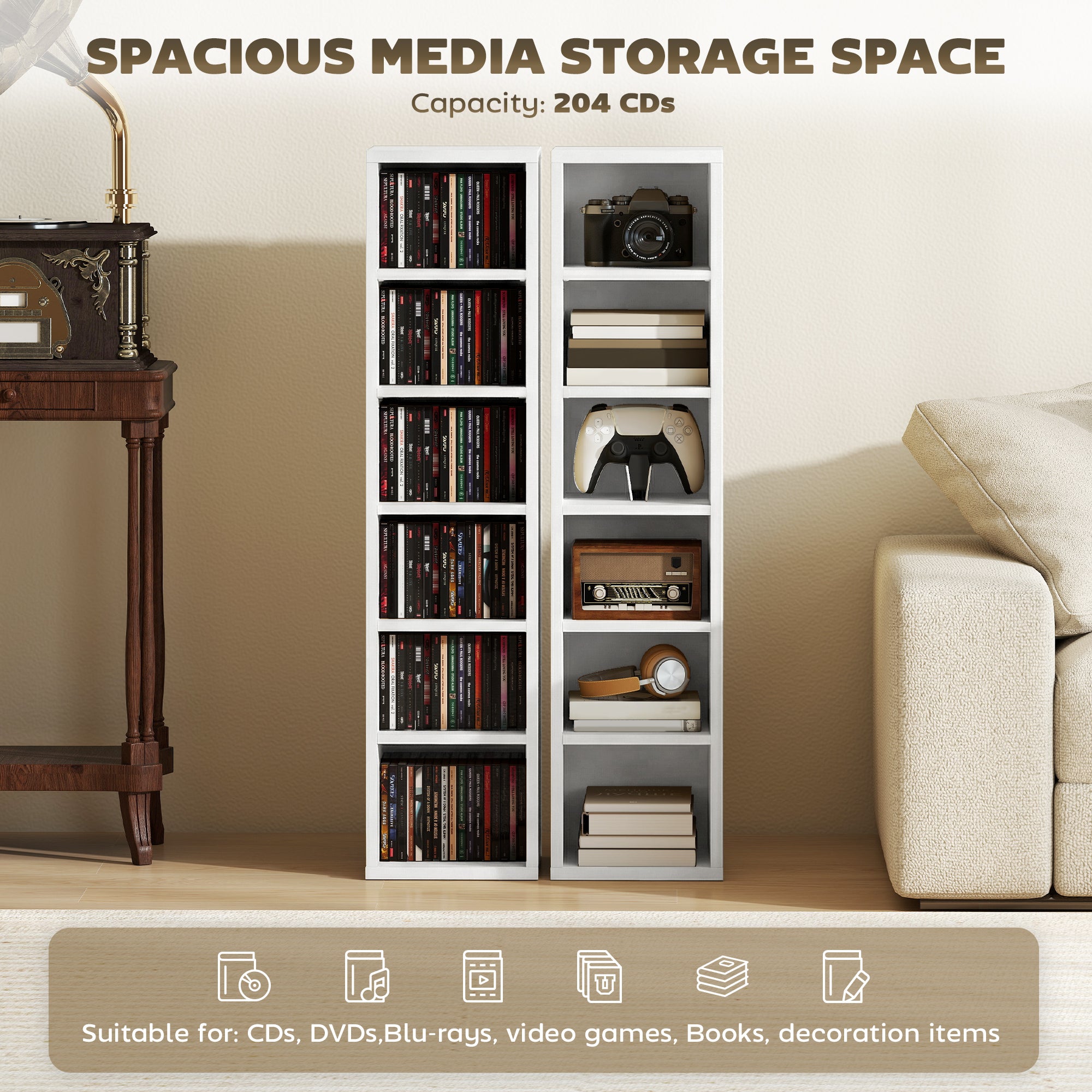 HOMCOM Set of 2 CD Media Display Shelf Unit Tower Rack with Adjustable Shelves, White 