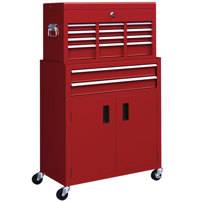 HOMCOM Portable Tool Box, Metal Tool Chest on Wheels with 6 Drawers for Garage and Workshop, Red 