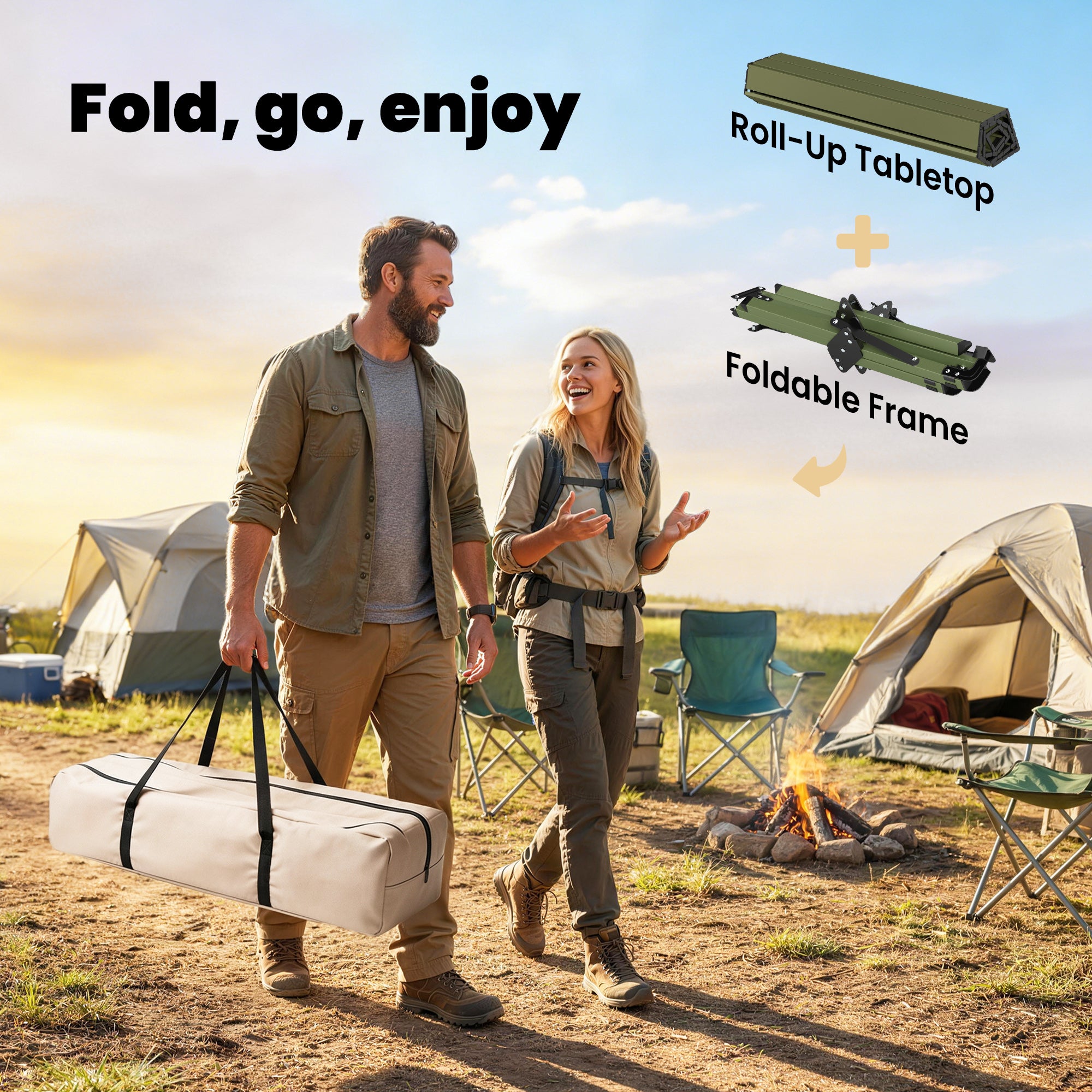 Outsunny 4ft Folding Camping Table, Waterproof Picnic Table with Roll Up Top and Metal Frame, Green 