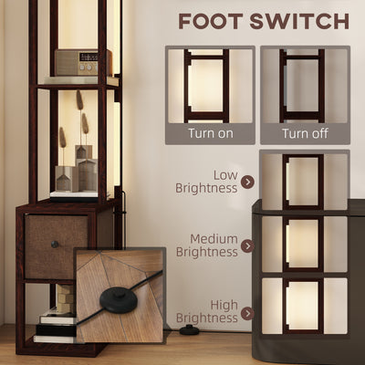 HOMCOM Floor Lamp with Shelves, LED Column Modern Standing Lamp with Fabric Drawer, Adjustable Brightness, Foot Switch for Living Room, Bedroom, Office, Dark Brown 