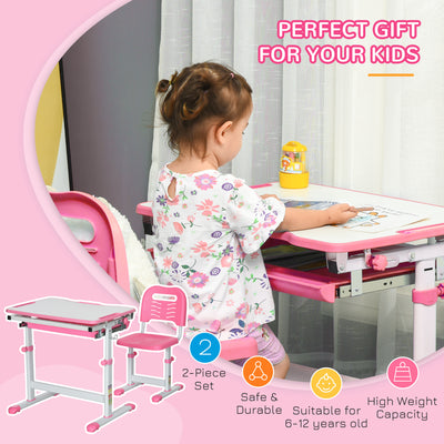 HOMCOM Kids Desk and Chair Set, Student Adjustable Writing Desk, with Drawer, Pen Slot, Hook - Pink 
