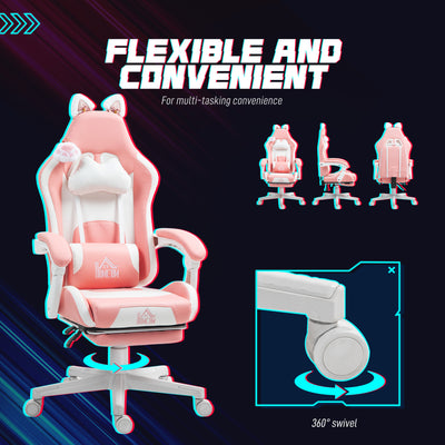 HOMCOM Cat Ear and Paw Reclining Office Chair, with Footrest - Pink/White 