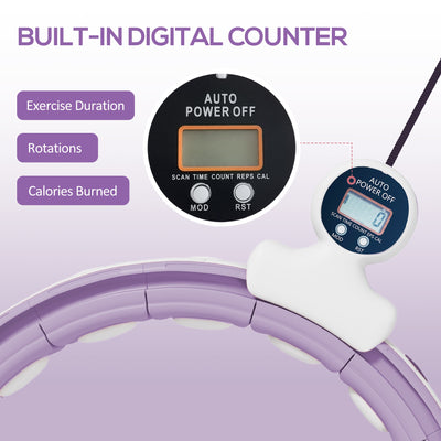 SPORTNOW Smart Weighted Hula Hoop, Massage Hula Ring w/ 16 Detachable Knots, 360° Auto-Rotating Ball, Digital Counter, Purple 