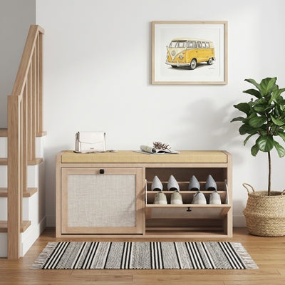 HOMCOM Rattan Shoe Bench with Padded Cushion and 2 Cabinets for Hidden Storage, Oak Wood Effect