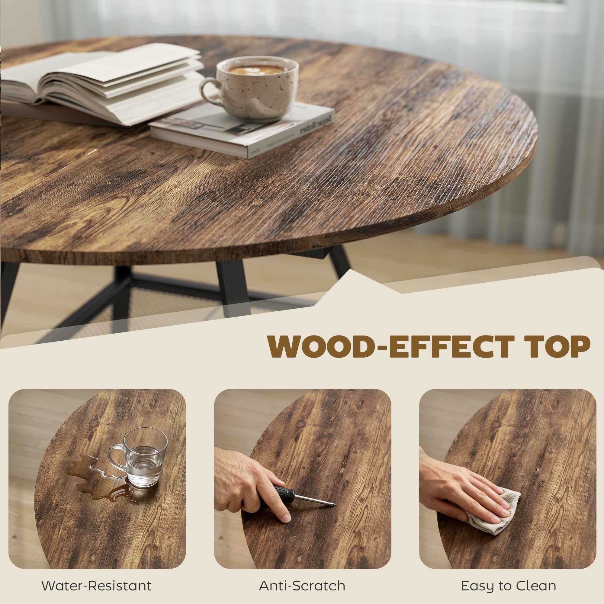 HOMCOM Dining Table for 4 People, 100 cm Round Industrial Kitchen Table with Storage Shelf, Rustic Brown 