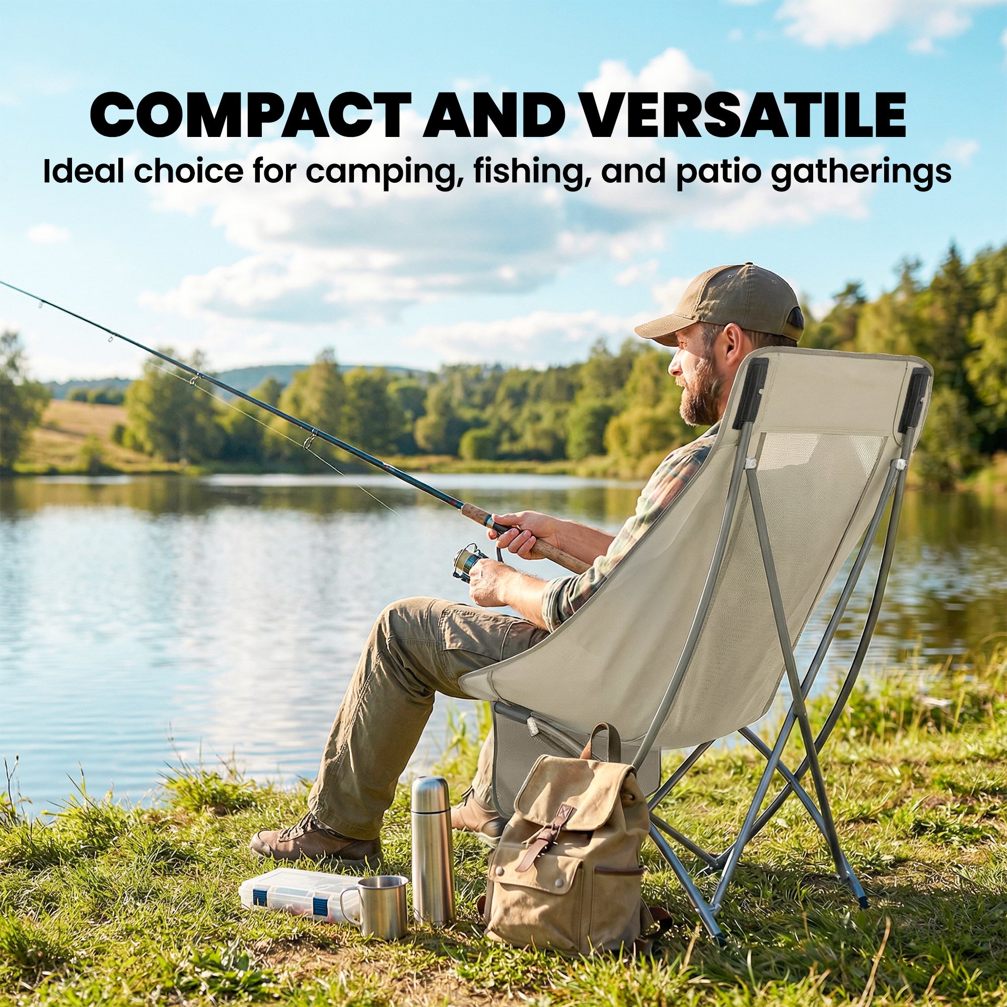 Outsunny Camping Chair for Adults Heavy Duty Folding Camp Chair with Side Pocket and Carry Bag Khaki 