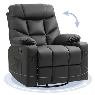 HOMCOM Manual Reclining Chair, Recliner Armchair with Swivel, Faux Leather, Footrest, Cup Holders, 86x93x102cm, Black 