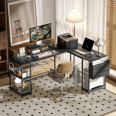 HOMCOM 168cm Reversible L Shaped Desk, Industrial Corner Computer Desk with Adjustable Shelf and Storage Bag, 240cm 2 Person Desk with Monitor Stand, Black 