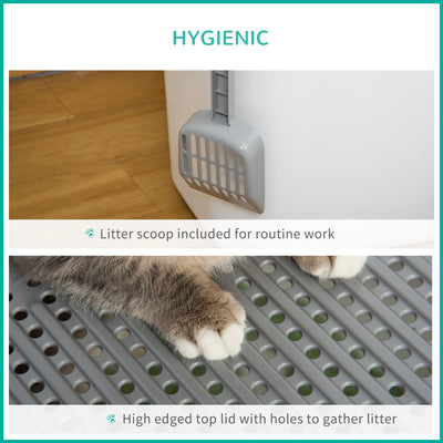 PawHut Cat Litter Box, Pet Toilet, Enclosed Kitten Pan with Front Entrance Top Exit, High Side, Scoop, White 