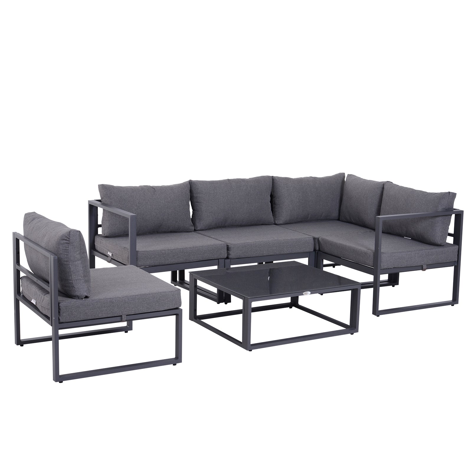 Outsunny 6 PCs Outdoor Indoor Sectional Corner Sofa Set Thick Padded Cushions Aluminium Frame 5 Seaters 1 Coffee Table Grey 