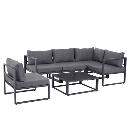 Outsunny 6 PCs Outdoor Indoor Sectional Corner Sofa Set Thick Padded Cushions Aluminium Frame 5 Seaters 1 Coffee Table Grey 