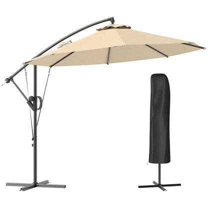 Outsunny 3(m) Garden Cantilever Parasol with Cover and Wind Protection Strap, Round Overhanging Umbrella with Crank Handle and Tilt, Banana Patio Umbrella for Outdoor Sun Shade, UPF50+, Khaki 