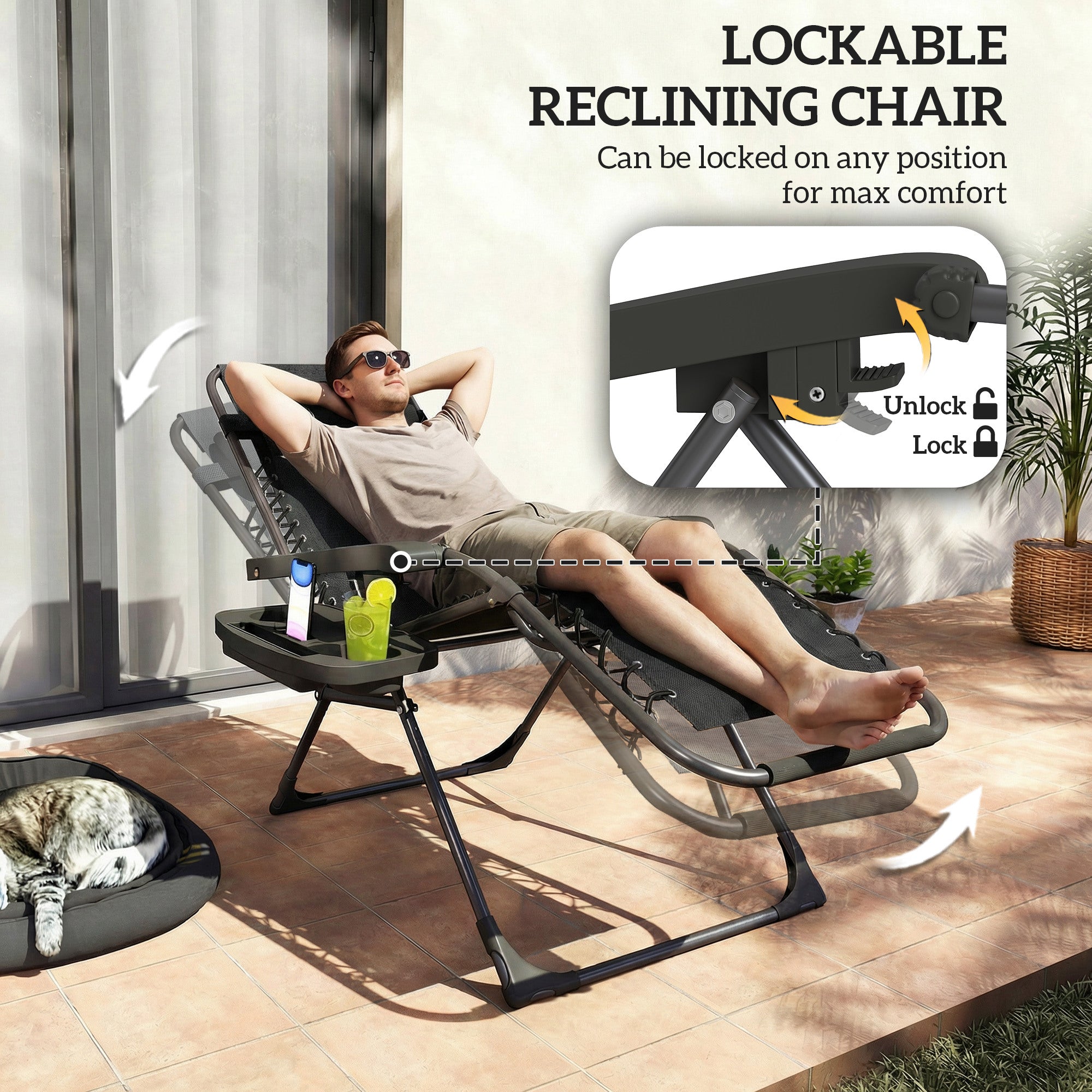 Outsunny Zero Gravity Chairs Set of 2, Folding Sunloungers Reclining Garden Chairs with Cup Holder, Headrest, Black 