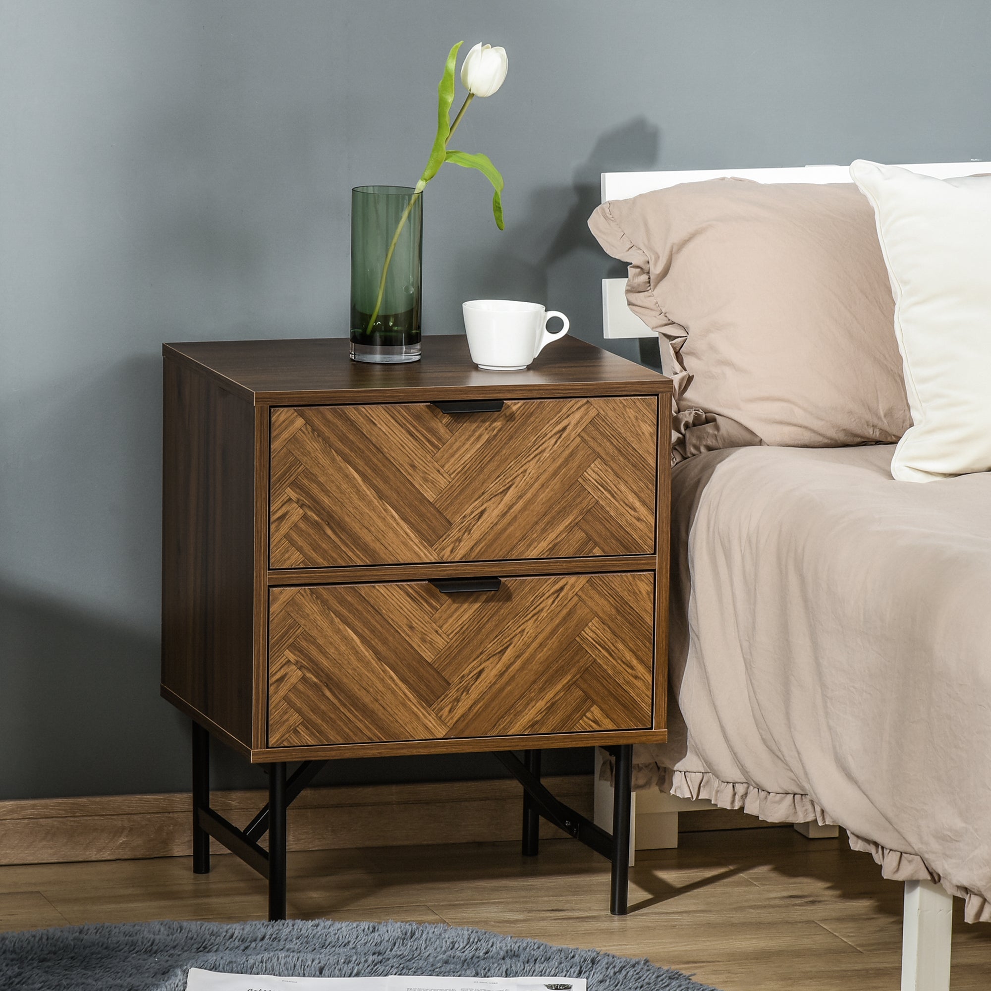 HOMCOM Bedside Table Set of 2 with 2 Drawers, Modern Side Tables with Herringbone Pattern and Metal Legs for Bedroom, Living Room, Walnut Brown
