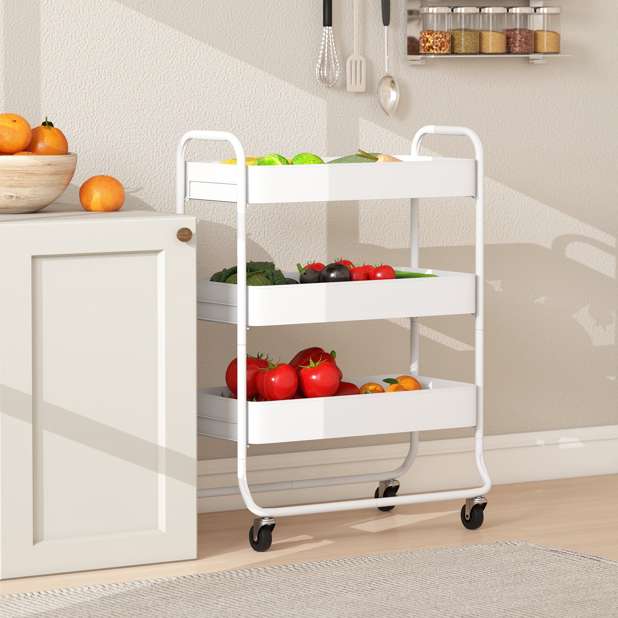 HOMCOM 3-Tier Storage Trolley on Wheels, Rolling Utility Cart with Mesh Backets for Kitchen, Bathroom, Bedroom, White 