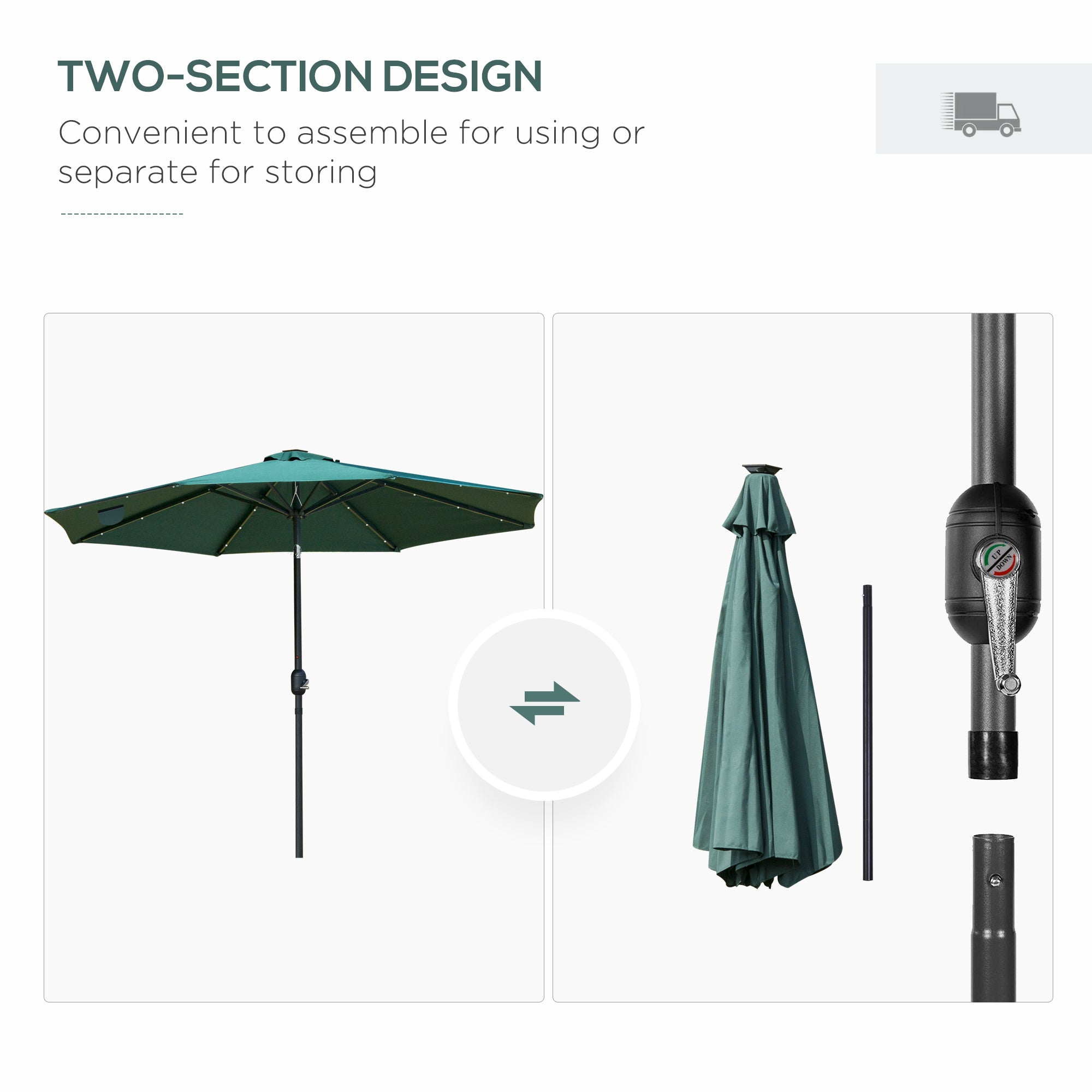 Outsunny 2.7m Patio Garden Umbrella Outdoor Parasol with Tilt Crank and 24 LEDs Lights (Green) 
