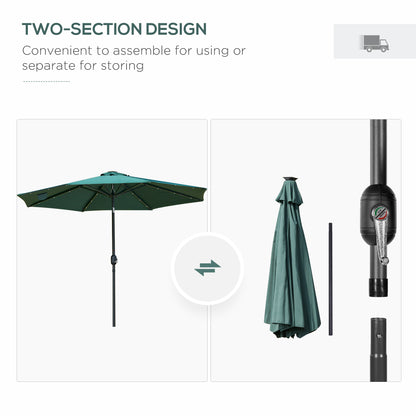 Outsunny 2.7m Patio Garden Umbrella Outdoor Parasol with Tilt Crank and 24 LEDs Lights (Green) 