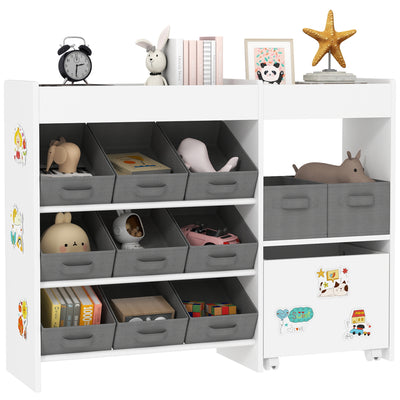 AIYAPLAY Kids Toy Storage Unit with 11 Bins, Cabinet, Top Shelves, 3 Stickers, for Nursery, Playroom, White 