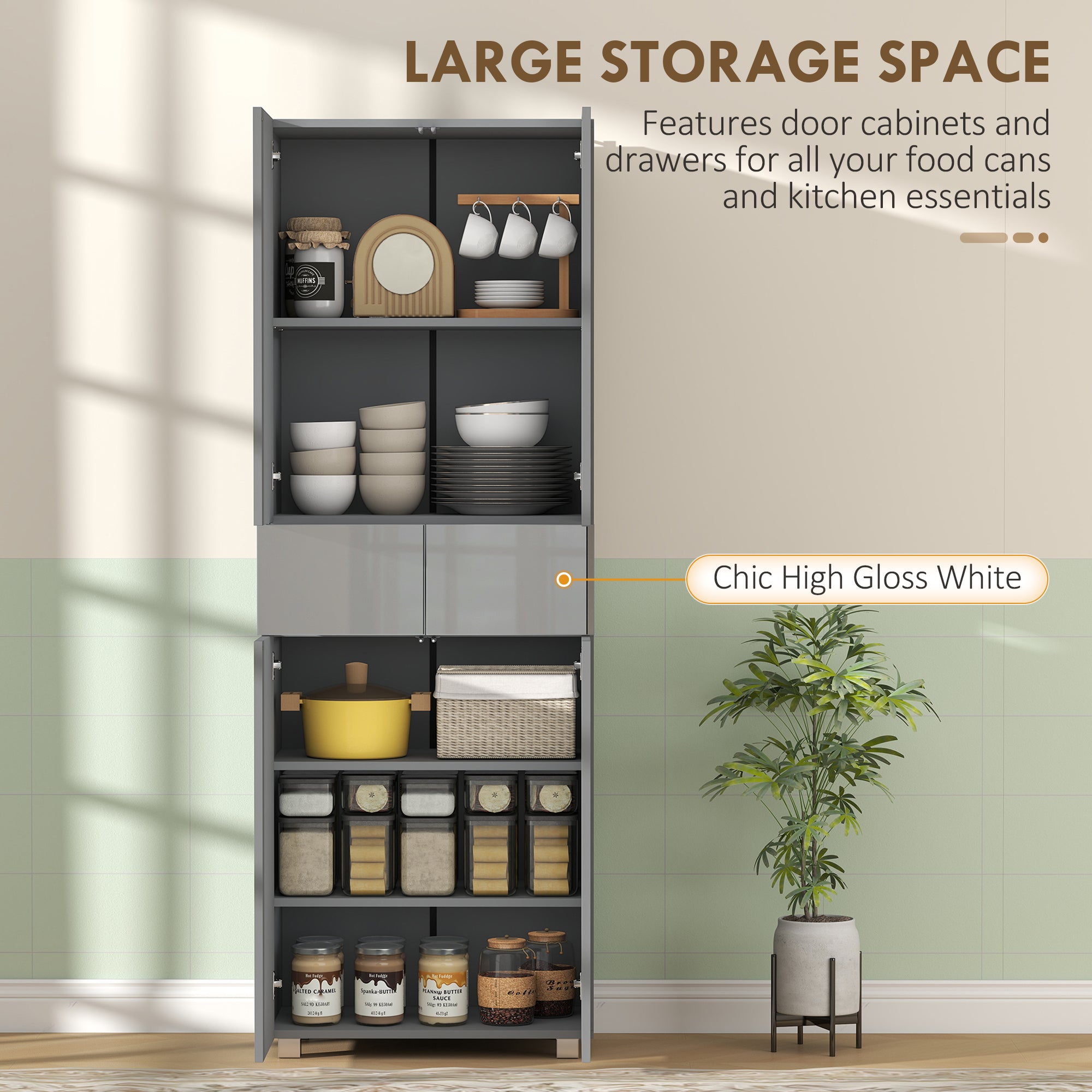 HOMCOM Storage Cabinet, Kitchen Cupboard with 3 Adjustable Shelves, 60L x 35W x 170H cm, High Gloss Grey 