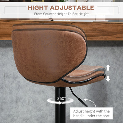 HOMCOM Bar Stool Set of 2 Microfiber Cloth Adjustable Height Armless Chairs with Swivel Seat, Brown 