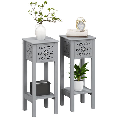 HOMCOM Set of Two Elegant Floral Cut-Out Side Tables - Grey 