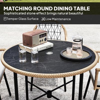 Outsunny 5 Piece Patio Rattan Dining Set, Wicker Garden Table and Chairs w/ Removable Seat & Back Cushions, Round Tempered Glass Tabletop, Parasol Hole, Outdoor Furniture Conservatory Set, Light Brown 