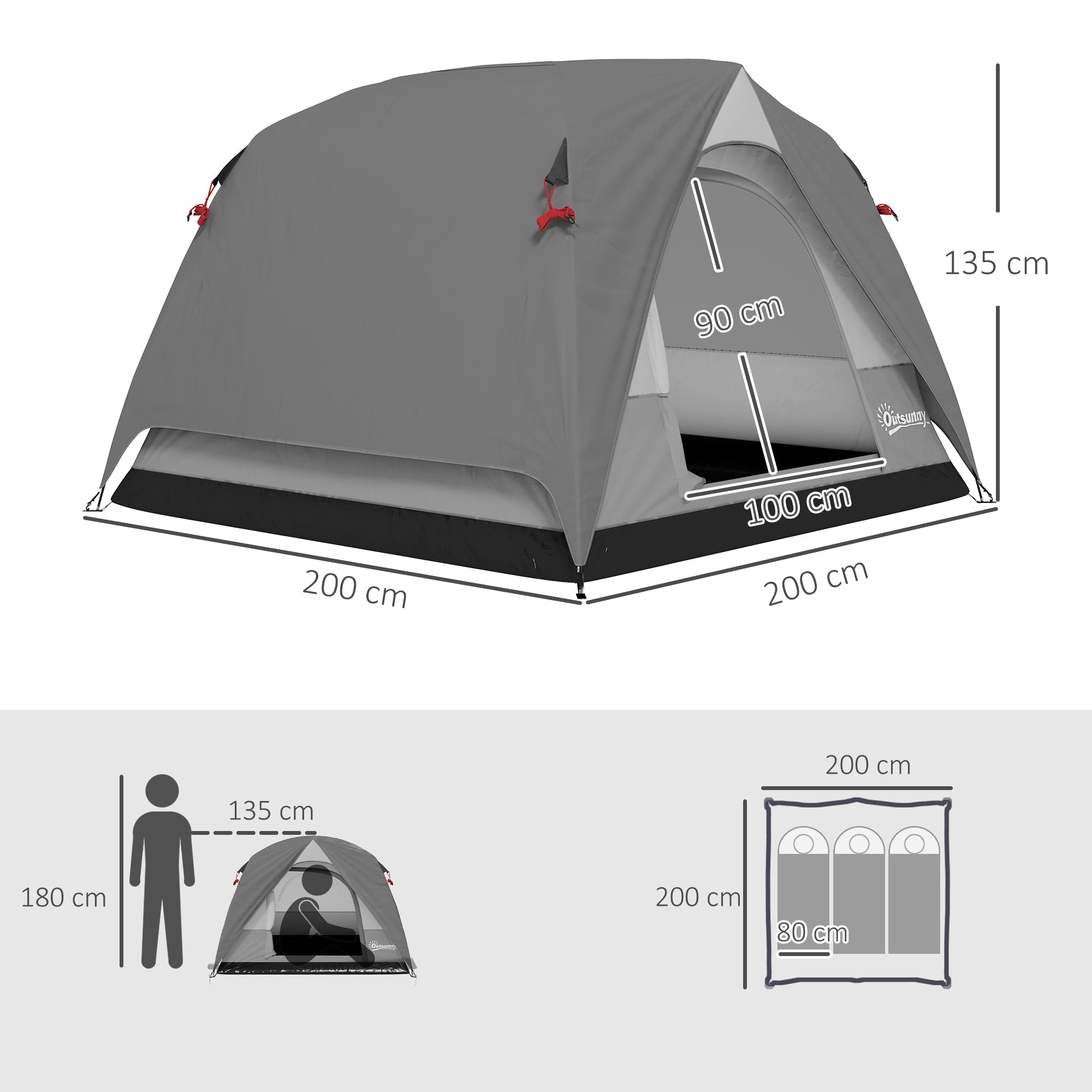 Outsunny 3-4 Person Camping Tent, Easy Set Up 3-4 Man Tent w/ Sewn-in Groundsheet, Waterproof Dome Tent w/ Mesh Windows, Grey 