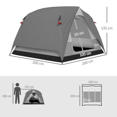 Outsunny 3-4 Person Camping Tent, Easy Set Up 3-4 Man Tent w/ Sewn-in Groundsheet, Waterproof Dome Tent w/ Mesh Windows, Grey 