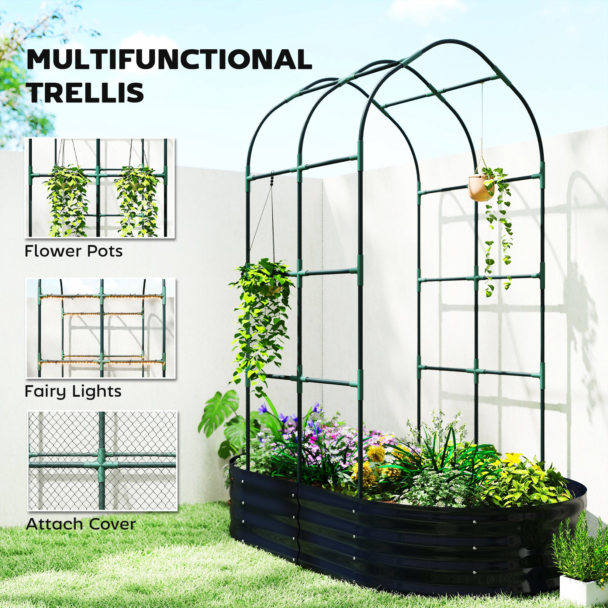 Outsunny Galvanised Raised Garden Bed with Arched Trellis, 5 x 3 x 6ft Metal Raised Bed for Garden with Open Bottom, Dark Grey 