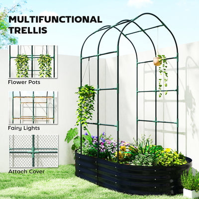 Outsunny Galvanised Raised Garden Bed with Arched Trellis, 5 x 3 x 6ft Metal Raised Bed for Garden with Open Bottom, Dark Grey 