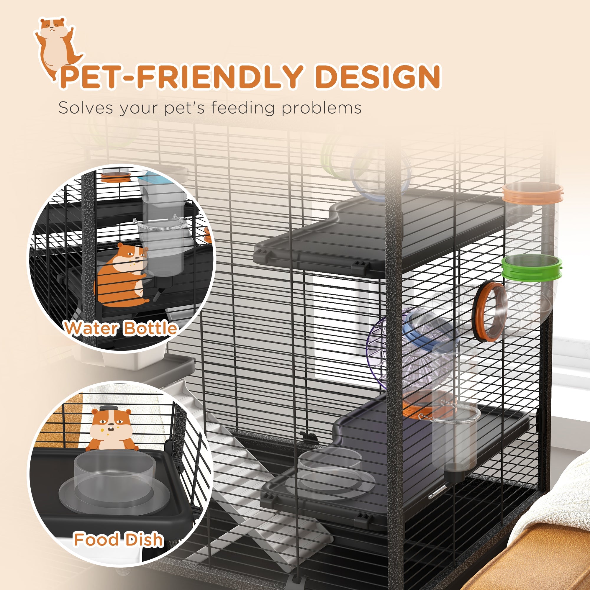 PawHut Large Hamster Cage, Gerbil Cage with Tubes, Storage Shelf, Ramps, Platforms, Running Wheel - Black 