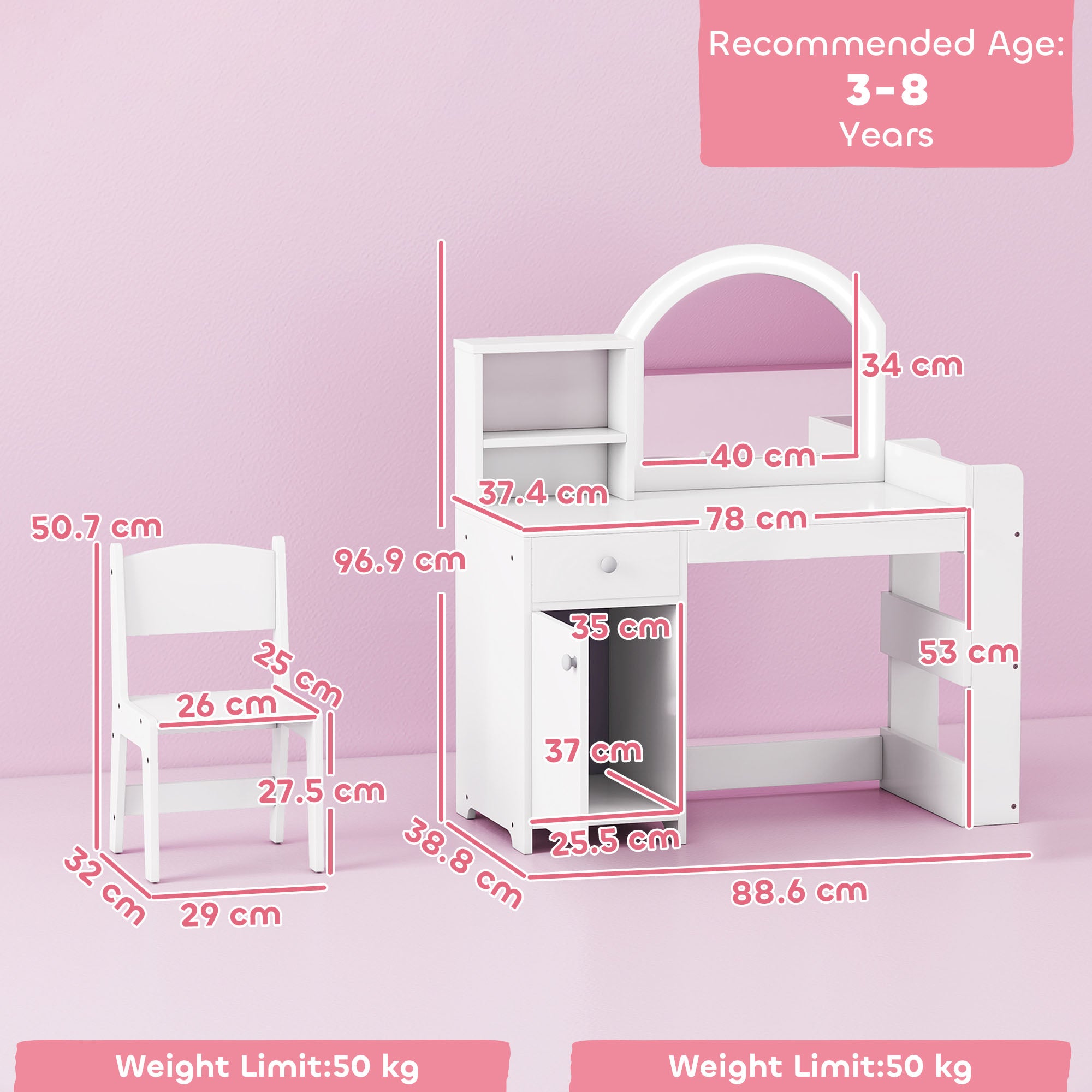 AIYAPLAY Kids Vanity Table and Chair Set, Girls Dressing Table with 2-Colour LED Mirror, Stool, Cabinet, Drawer, Shelves, White 
